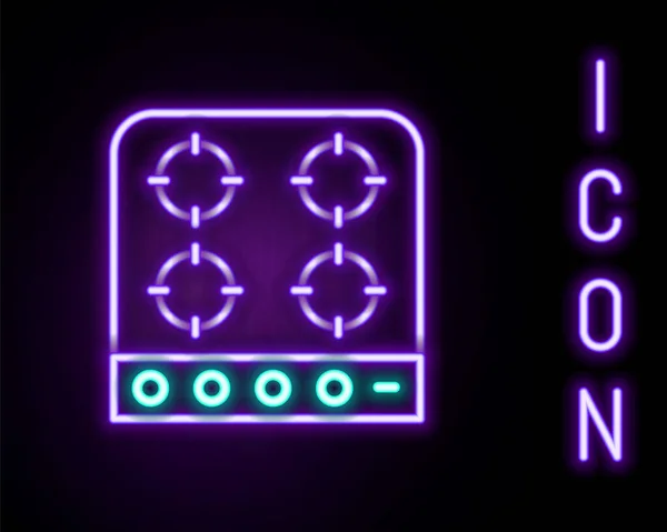 Gloeiende neon lijn Gasfornuis pictogram geïsoleerd op zwarte achtergrond. Een kookbord. Kookplaat met vier cirkelbranders. Kleurrijk concept. Vector — Stockvector