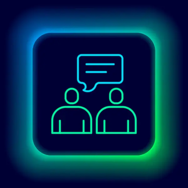 Glowing neon line Two sitting men talking icon isolated on black background. Speech bubble chat. Message icon. Communication or comment chat symbol. Colorful outline concept. Vector — Stock Vector