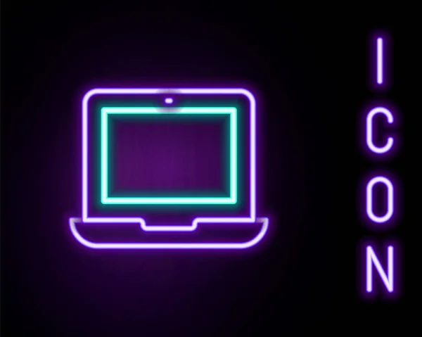 Leuchtende Leuchtschrift Laptop-Symbol isoliert auf schwarzem Hintergrund. Computer-Notizbuch mit leerem Bildschirm. Buntes Rahmenkonzept. Vektor — Stockvektor