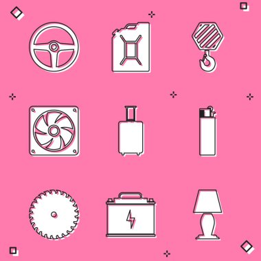 Direksiyon kutusunu benzin, bilgisayar soğutucusu seyahat valizi ve çakmak ikonu olarak ayarla. Vektör.