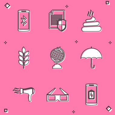 Set Smartphone with bluetooth Document protection Shit Wheat Earth globe and Umbrella icon. Vector.