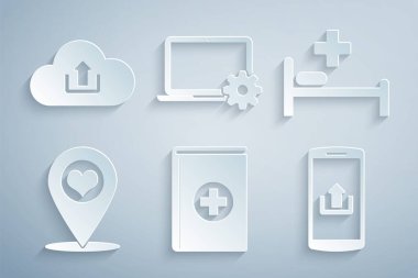 Medikal kitap hastanesi yatak haritası işaretleyicisini kalp akıllı telefon yükleme bilgisayarı, teçhizat ve bulut simgesi ile ayarla. Vektör.