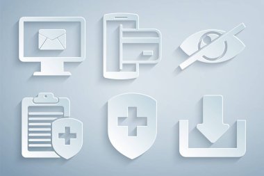 Tıbbi kalkanı görünmezle ayarla ya da pano sağlık sigortasını gizle NFC Ödeme ve Monitör ve zarf simgesini indir. Vektör.