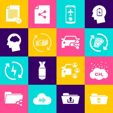 Silme dizinini, Metan emisyonunu azaltmayı, parayı iade etmeyi, mobil uçuş modunu ve bulut simgesiyle baş siluetini ayarla. Vektör