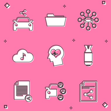 Set Araba Paylaşımı, Folder, Music Streaming Service, Head with Heart Beat and Aviation bomba ikonu. Vektör