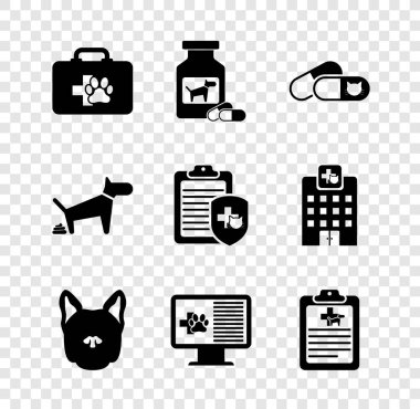 Evcil hayvan ilk yardım çantası köpek ilacı şişesi ve hapları monitöre ve ikona koyun. Vektör.
