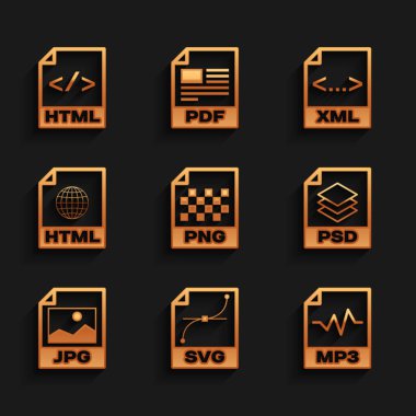 PNG dosya belgesi SVG MP3 PSD JPG ve HTML simgesini ayarla. Vektör.