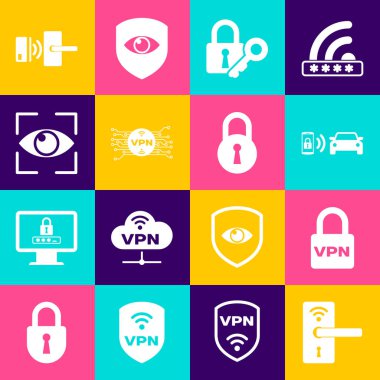 Dijital kapı kilidini kablosuz, VPN kilidi, akıllı araba alarm sistemi, anahtar, mikroçip devresi ve göz tarama ikonu ile ayarla. Vektör