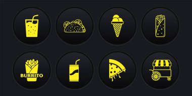 Set Burrito, Soda kutusu, pipet içme, pizza dilimi, dondurma külahı, Taco tortilla, Fast street food seti ve cam su ikonu. Vektör