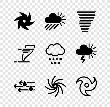 Tornado, Bulutlu, yağmurlu, güneşli, rüzgarlı ve kar ikonlu. Vektör