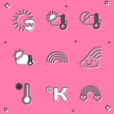 Ultraviyole ışını, termometreyi ve bulutu, güneşi, ayı, gökkuşağını Meteoroloji termometresini ve Kelvin simgesini ayarlayın. Vektör