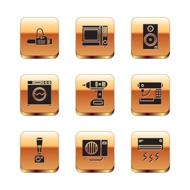 Testere, blender, klima, elektrik kablosuz tornavida, Yıkama ve Stereo hoparlör ikonu. Vektör