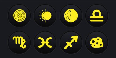 Başak burcu, Terazi, Balık, Yay burcu, Güneş tutulması, Asteroid ve Güneş sistemi simgesi. Vektör
