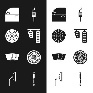 Araba benzini ve fren pedallarını ayarlayın. Caliper, kapı, susturucu, ön ekran sileceği, tekerlek, şok emici ve simgeye sahip disk. Vektör