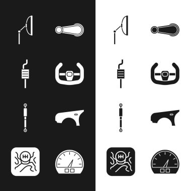 Spor direksiyonu, araba egzozu, cam sileceği, kapı kolu, şok emici, çamurluk, hız göstergesi ve vites kutusu simgesini ayarla. Vektör