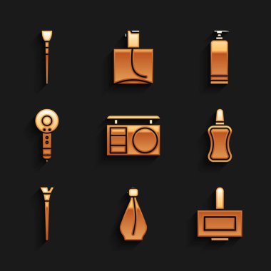 Göz farı paleti, parfüm, tırnak cilası şişesi, makyaj fırçası, saç kurutma makinesi, krem kozmetik tüpü ve ikon. Vektör