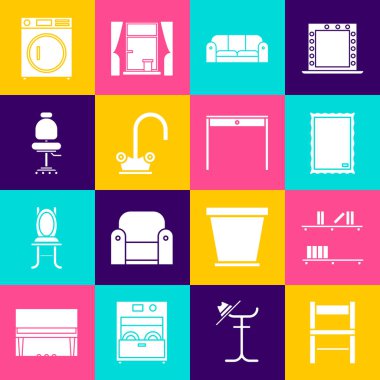 Set sandalyesi, kitaplı raf, resim, kanepe, su musluğu, ofis sandalyesi, çamaşır makinesi ve ahşap masa simgesi. Vektör