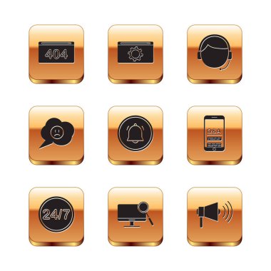 Sayfayı 404 hata, Saat 24 saat, Bilgisayar monitörü teşhisi, düğme sohbet tebligatı, konuşma balonu hüzünlü gülümsemesi, Erkek kulaklığı, Megaphone ve Ayarlama simgesi ile ayarla. Vektör