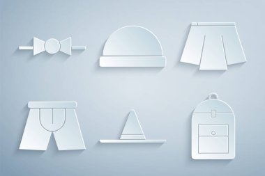 Bahçıvan şapkası, etek, erkek iç çamaşırı, sırt çantası, Beanie ve papyon ikonu. Vektör