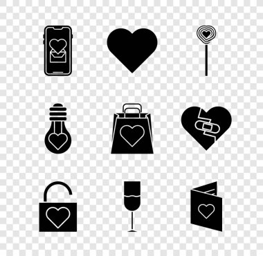 Kalp, kalp, lolipop, kilit ve şarap kadehi, sevgililer günü broşürü, şekil ampulü ve alışveriş poşeti ikonu ile mobil seti kur. Vektör
