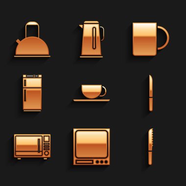 Kahve fincanı, elektronik teraziler, ekmek bıçağı, bıçak, mikrodalga fırın, buzdolabı ve ikonlu kettle. Vektör