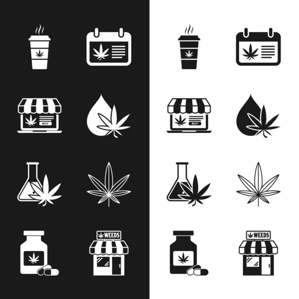 Set Marihuana Oder Cannabis Blatt Online Kaufen Marihuana Tasse Kaffee — Stockvektor