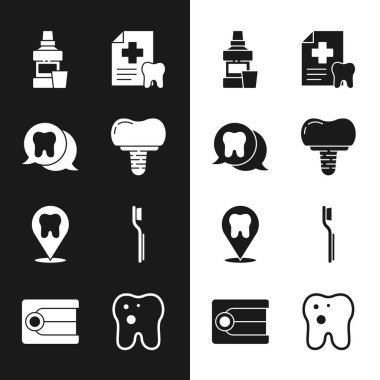 Diş implantı, diş macunu, ağız yıkama şişesi, kart, klinik konumu diş fırçası, diş macunu ve takma diş ikonu. Vektör