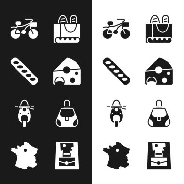 Peynir, Fransız ekmeği, bisiklet, Scooter, el çantası ve Fransa haritası ikonu. Vektör