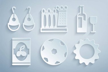 Futbol, cam kaplı şarap şişesi, zeytin kutusu, güneş, Dali müzesi ve küpe ikonu. Vektör