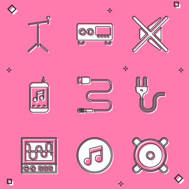 Mikrofonu ayakta, Gitar amplifikatörü, Hoparlör sessiz, Müzik çalar, Ses kumandası, Elektrik prizi, Oscilloscope ve nota, ton simgesi ile ayarla. Vektör