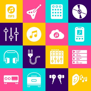 Kulak dinleme ses sinyalini, müzik çalma listesini, çalgıcıyı, bateri makinesini, notayı, tonu, eşitleyiciyi, MP3 dosya belgesini ve yayın servis simgesini ayarla. Vektör