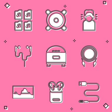 Müzik dosyası belgesi, Stereo hoparlörü, kulaklıklı adam, hava, ses yalıtıcısı, dalga dengeleyici ve kutu simgesi ayarla. Vektör