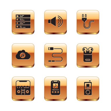 Müzik listesini ayarla, hoparlörlü ev teybi, çalgıcı, ses kablosu, yayın servisi, elektrik prizi ve hoparlör sesi simgesi. Vektör