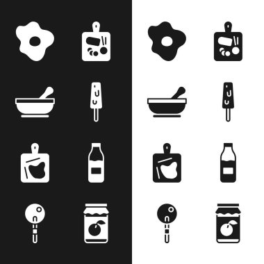 Dondurma, havan topu, çırpılmış yumurta, kesme tahtası, süt şişesi, reçel kavanozu ve lolipop ikonu. Vektör