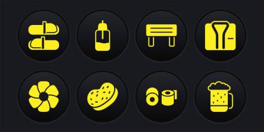 Çiçek, bornoz, sünger, tuvalet kağıdı rulo, sauna ahşap bank, gerekli şişe, ahşap bira bardağı ve terlik ikonu. Vektör