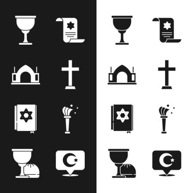 Hristiyan haçı, Hindu ruhani tapınağı, Kutsal Kase ya da Kadeh, Tevrat parşömeni, Yahudi torah kitabı, Aspergillum, Yıldız ve Hilal ve ikon. Vektör