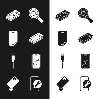 Cam ekran koruyucusu, bozuk cep telefonu, sistem hatası, USB kablosu, servis ve Şok geçirmez telefon ikonu. Vektör
