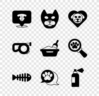 Kedi burnu, köpekli kalp, balık iskeleti, pençe izi, evcil hayvan şampuanı, geri çekilebilir ip tasması ve çöp tepsisi ikonu. Vektör