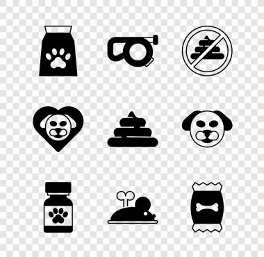 Set Bag of food for pet, Retractable cord leash, No shit, Medicine bottle and pills, Clockwork mouse, Heart with dog and Shit icon. Vector