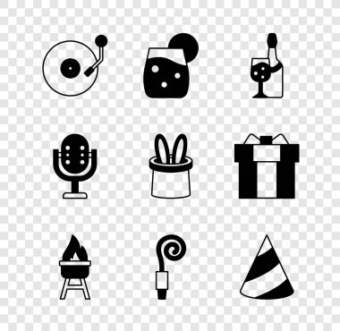 Disk, Kokteyl, Şampanya şişesi, Barbekü ızgarası, Doğum günü partisi kornası, Parti şapkası, Mikrofon ve Sihirbaz ve Tavşan Kulağı ikonu ile vinil çalar. Vektör