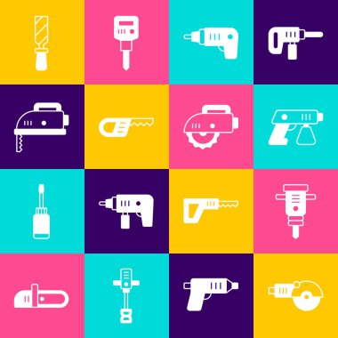 Açı öğütücü, inşaat matkabı, boya spreyi, kablosuz tornavida, testere, yapboz, Rasp metal dosya ve dairesel ikon ayarlayın. Vektör