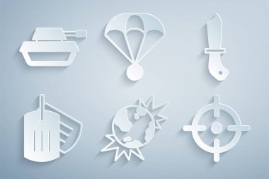 Bomba patlayıcı gezegen toprağı, askeri bıçak, künye, hedef sporu, paraşüt ve tank ikonu. Vektör