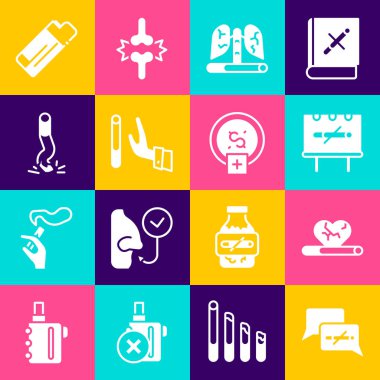 Set No smoking, Heart disease with, Disease lungs, Giving up cigarette, Cigarette butt, Lighter and Stop money saving icon. Vector