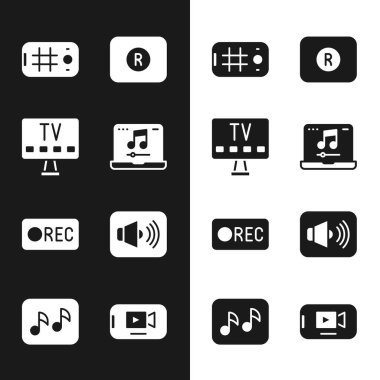 Laptop 'u müzik, Smart Tv, Selfie' yi mobil, Record düğmesi, Hoparlör sesi, Online video ve müzik notası, ton simgesi ile ayarla. Vektör