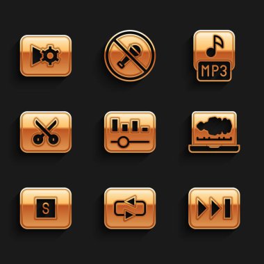 Müzik eşitleyicisini, Tekrarla düğmesini, Hızlı ileri, Ses kaydedicisini, Ortamı Durdur, Video düzenleme, MP3 dosya ve ayarlama simgesini ayarla. Vektör