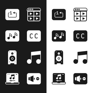 Altyazılar, Müzik Notası, Ton, Tekrarla müzik çalar, çalma listesi, Stereo hoparlörü, Hoparlör sessiz ve ikonlu Laptop. Vektör