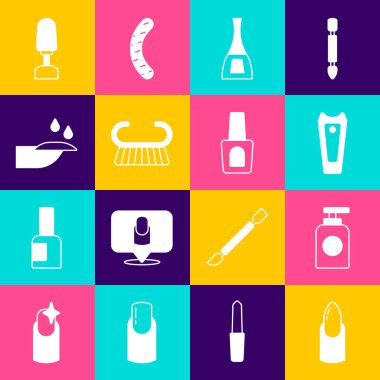 Tırnak manikürü, el kremi tüpü, keski, şişe ojesi, pedikür fırçası ya da rendeleyici, Milling for ve simgesi. Vektör