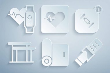 Fitness paspas rulosunu, uygulamayı, unneven barları, protein sporunu, kalp atış hızını ve kalp ikonlu akıllı saati ayarla. Vektör