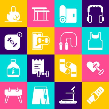 Protein spor barını, Dumbbell 'ın kalbini, kolsuz tişörtü, Fitness paspas rulosunu, uygulamayı, kırık kiloyu ve ip atlama ikonunu ayarla. Vektör