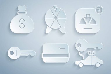 Kredi kartı, şanslı tekerlek, eski anahtar, araba hediyesi ve para çantası ikonu. Vektör